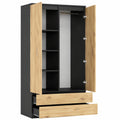 Moderner 2-türiger Kleiderschrank mit Schubladen und Regalböden, Mehrzwecknutzung für Schlafzimmer, 180x90x51cm, Grau/Eiche Artisan