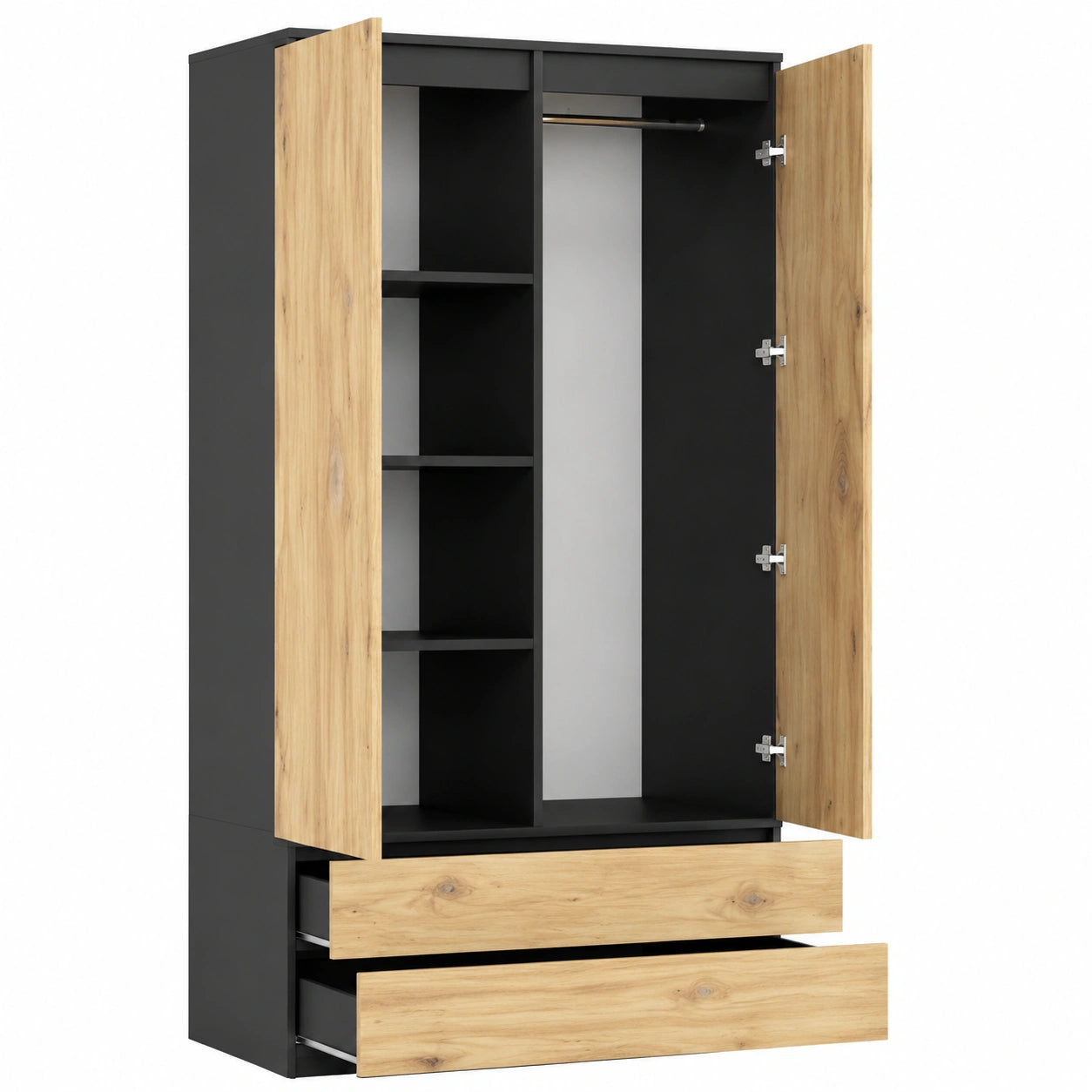 Moderner 2-türiger Kleiderschrank mit Schubladen und Regalböden, Mehrzwecknutzung für Schlafzimmer, 180x90x51cm, Grau/Eiche Artisan