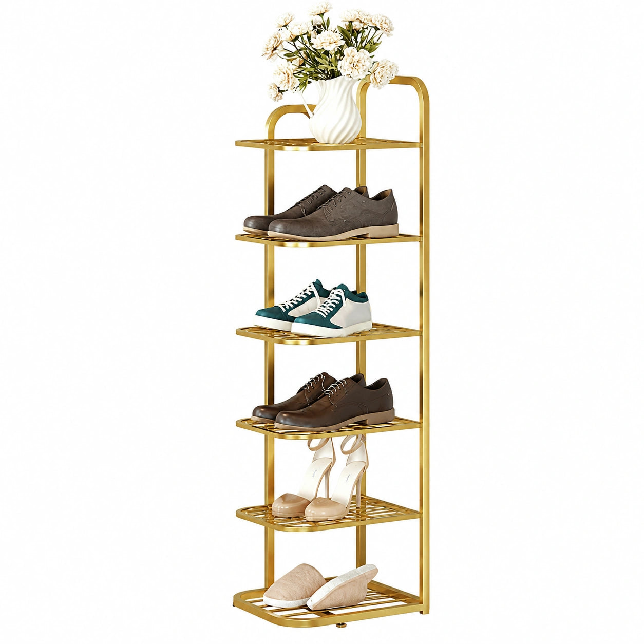 Schuhregal mit mehreren Ebenen, Slim Design Metall Schuhständer für Flur und Schlafzimmer, Gold, 27x26x96cm