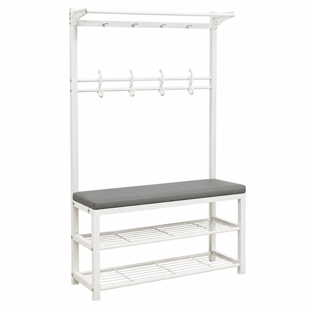 Industrielle Garderobenbank mit Schuhregal und Haken, Metall, Weiß, 100x30x172cm