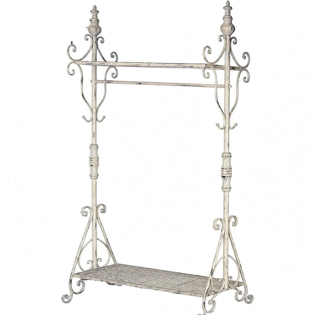 Vintage Garderobenständer aus Metall im Shabby Chic Stil, Altweiß, H198 × B89 × T58 cm, mit Ablagen und Kleiderstange