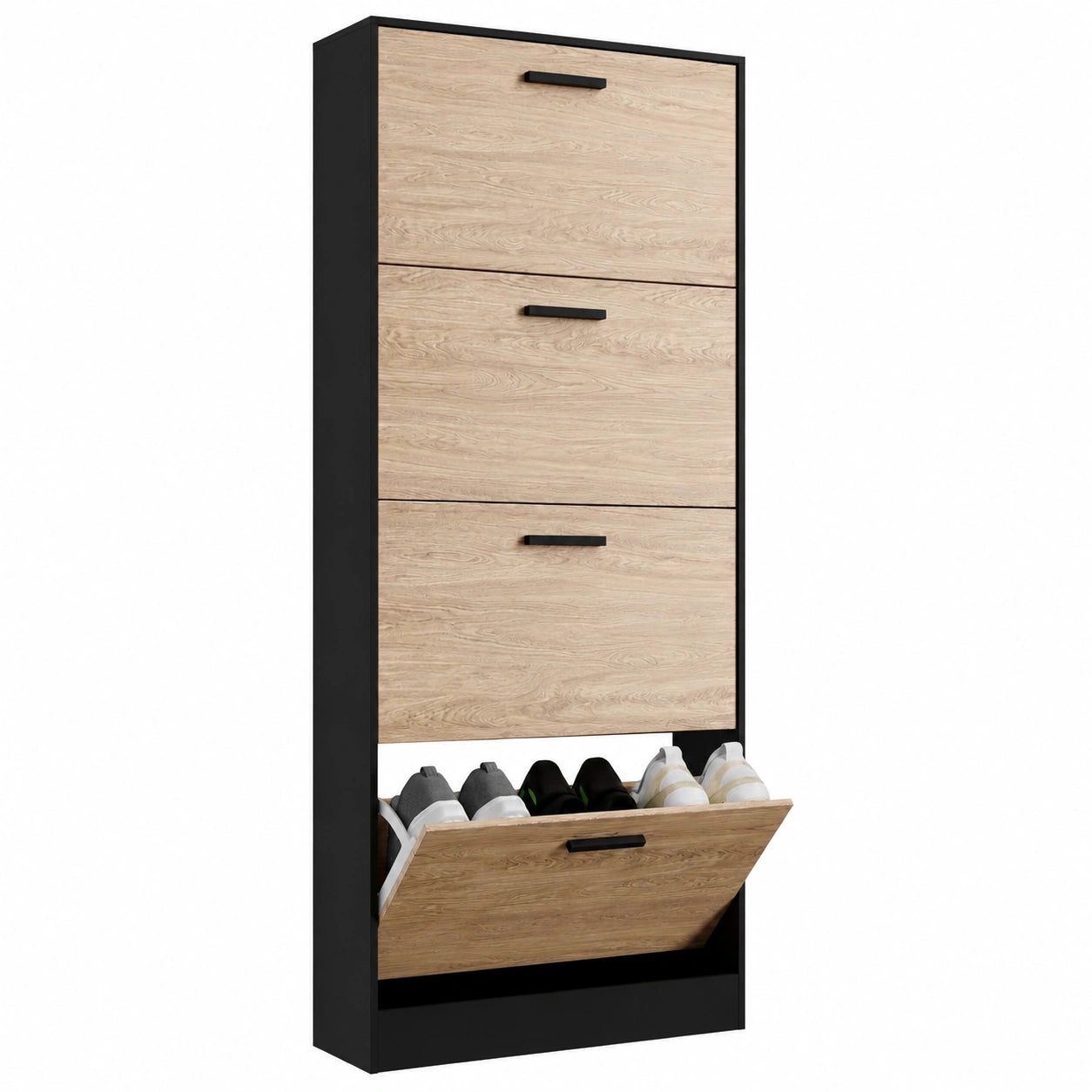 Praktischer Schuhschrank für 15 Paar Schuhe – Großzügiger Stauraum für Flur und Eingangsbereich – Schwarz und Hellholz – Maße: 60 x 17 x 180 cm