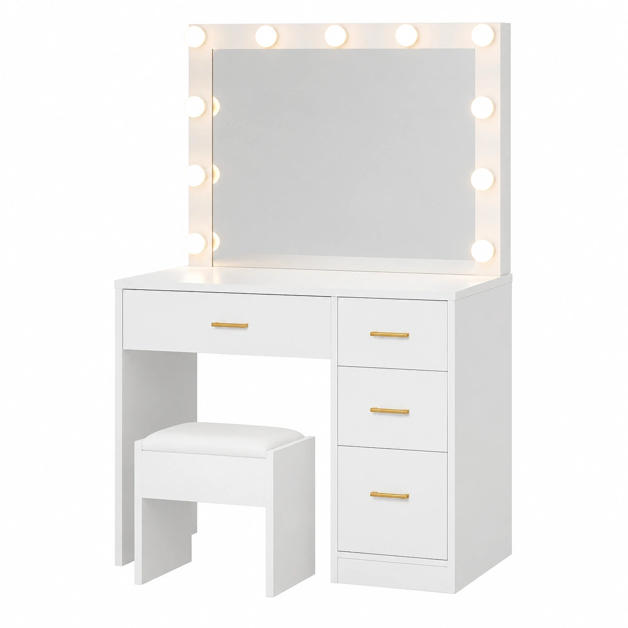 YITAHOME Schminktisch Set mit LED-Spiegel, 4 Schubladen und Hocker, Weiß, Kosmetiktisch mit Steckdose