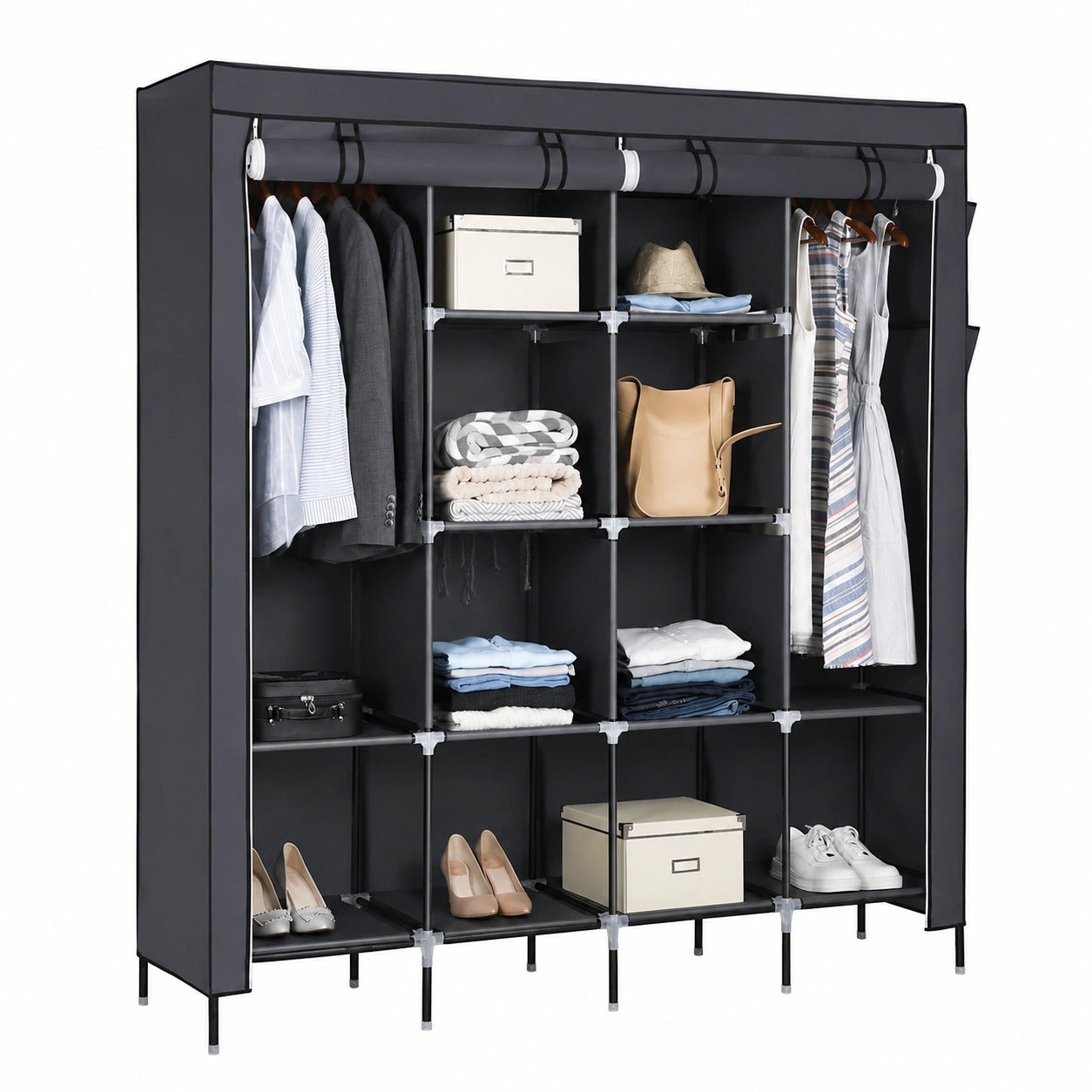 Faltbarer Stoffkleiderschrank mit Stange und Ablagen, 169,5x44x181,5cm, Grau