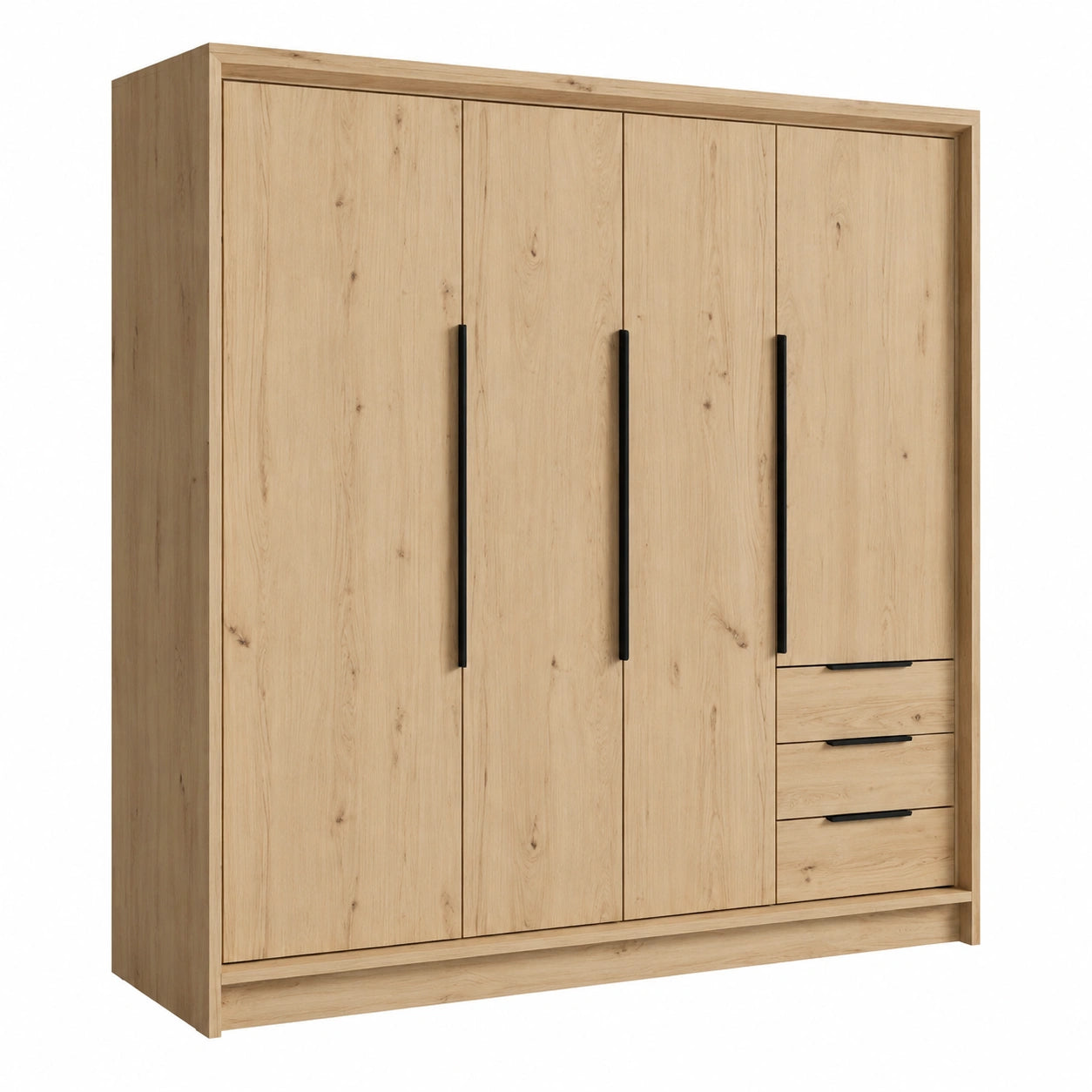 Geräumiger 4-türiger Drehtürenschrank mit 3 Schubladen und Kleiderstange – 200 x 215 cm