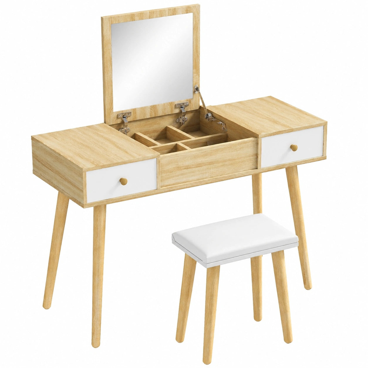 Skandinavischer Schminktisch-Set mit Hocker und Klappspiegel, 2 Schubladen, Multifunktional