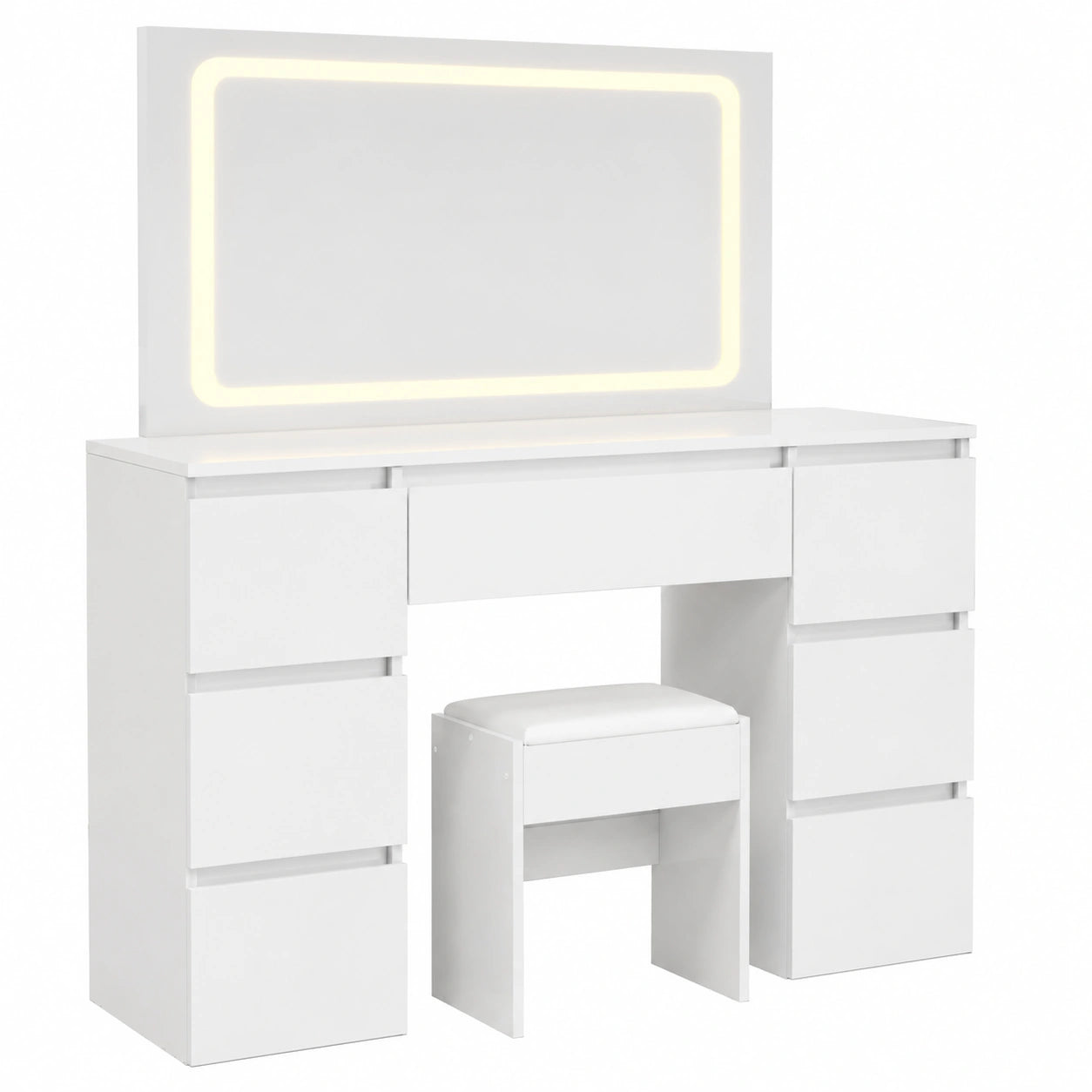 Eleganter Schminktisch mit LED und Hocker, 7 Schubladen, Hochglanz Weiß