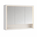 LED-Beleuchteter 3-türiger Spiegelschrank 100 cm mit Steckdose & Touch-Sensor, dimmbare Lichtfarben, inkl. Föhnhalter & Handtuchhalter