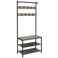 VASAGLE Kleiderständer im Industrie-Design mit Schuhbank, 9 abnehmbare Haken, 32,2 x 64 x 180 cm, Greige-Schwarz für Flur & Schlafzimmer
