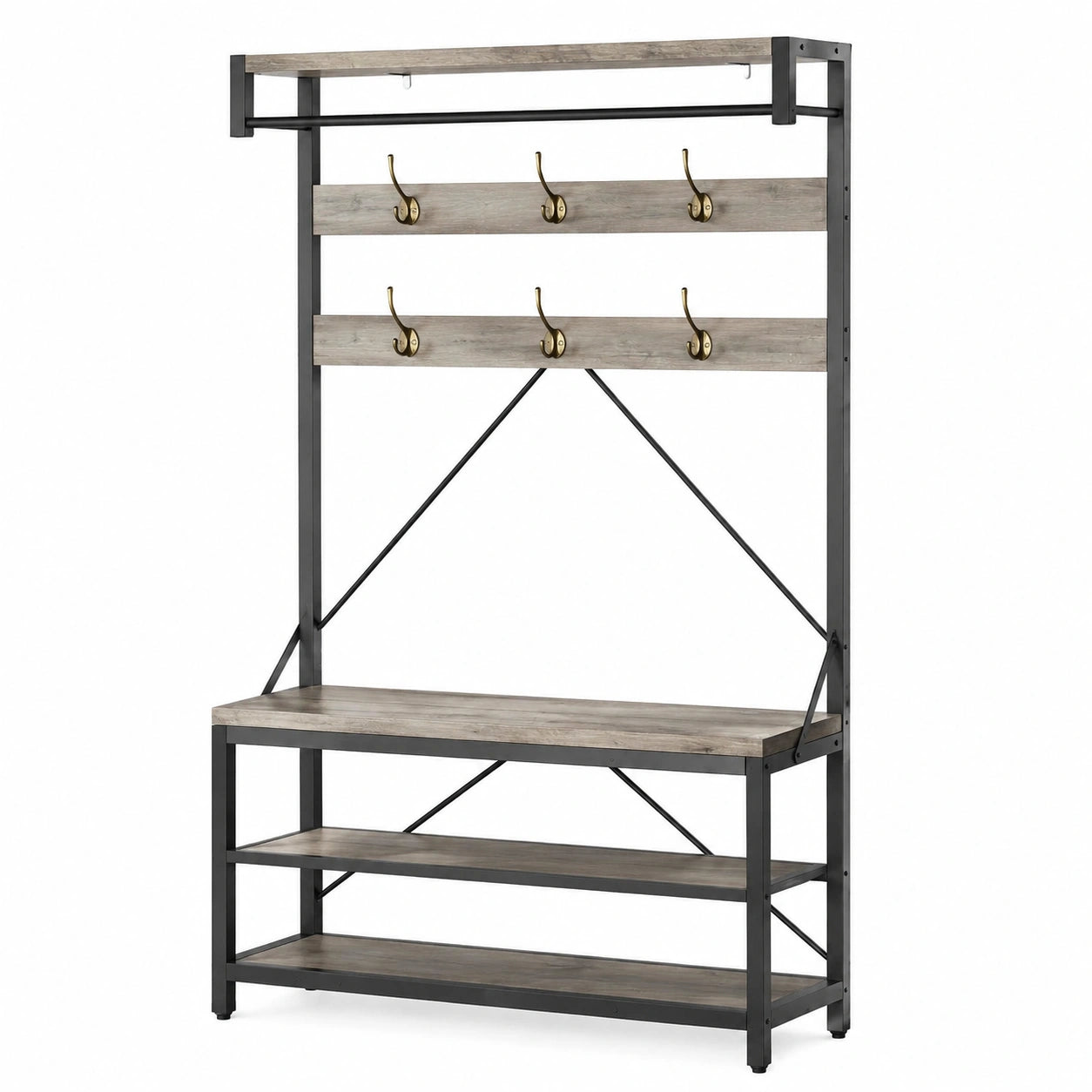 Industriedesign Garderobenständer mit Schuhbank und Kleiderstange, Fluraufbewahrung mit Regal und Haken, 101x40x183 cm